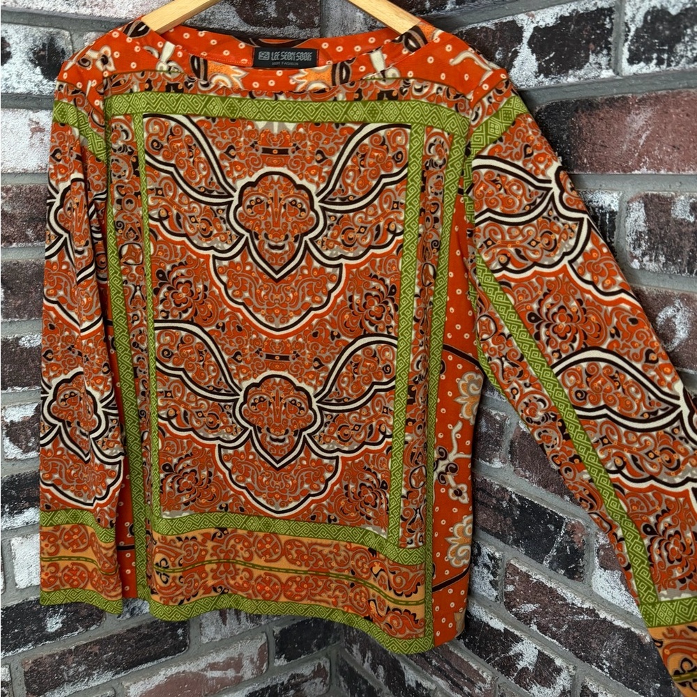 Vintage Retro 70s Orange & Green Paisley Print Long Sleeve Blouse | Boho Mod Top